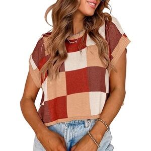 Amazon Women’s Red & Tan Plaid Sweater – Size L